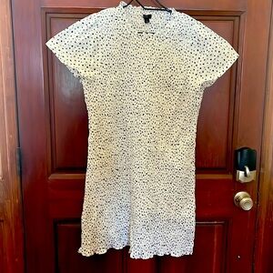 J Crew dress white cotton with navy dots Large lots of elastic and stretch nwot